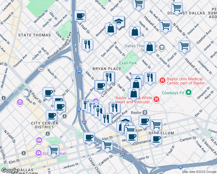 map of restaurants, bars, coffee shops, grocery stores, and more near 2900 Live Oak Street in Dallas