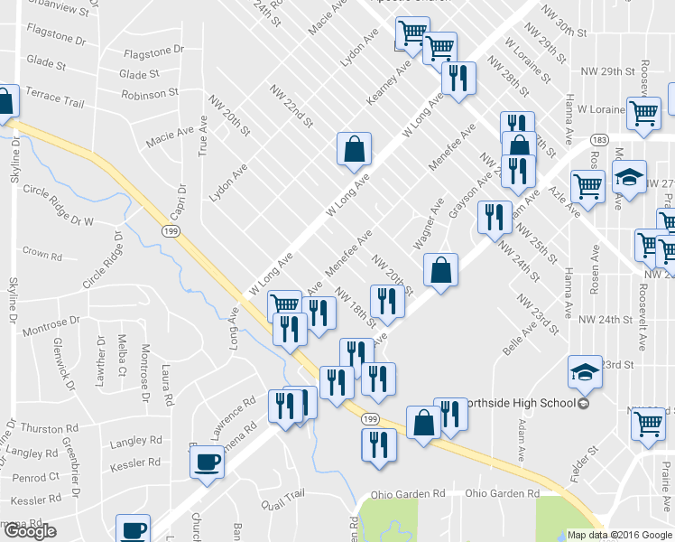 map of restaurants, bars, coffee shops, grocery stores, and more near 2524 Northwest 18th Street in Fort Worth