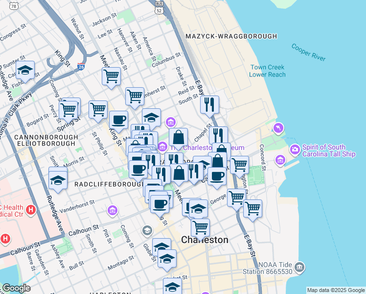 map of restaurants, bars, coffee shops, grocery stores, and more near in Charleston