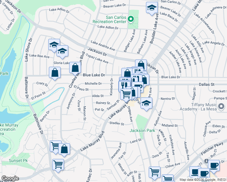 map of restaurants, bars, coffee shops, grocery stores, and more near 6145 Kimberly Drive in La Mesa