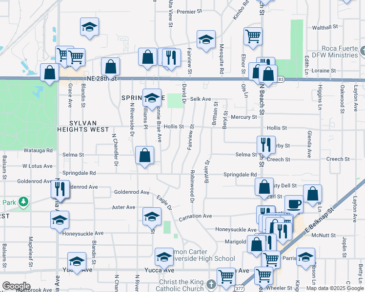 map of restaurants, bars, coffee shops, grocery stores, and more near 2108 David Drive in Fort Worth