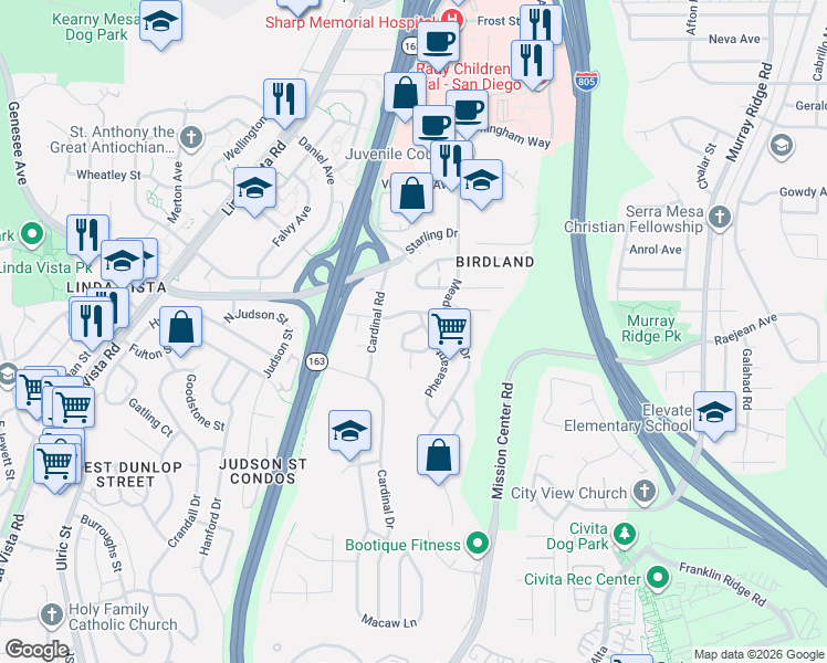 map of restaurants, bars, coffee shops, grocery stores, and more near 2687 Tern Drive in San Diego