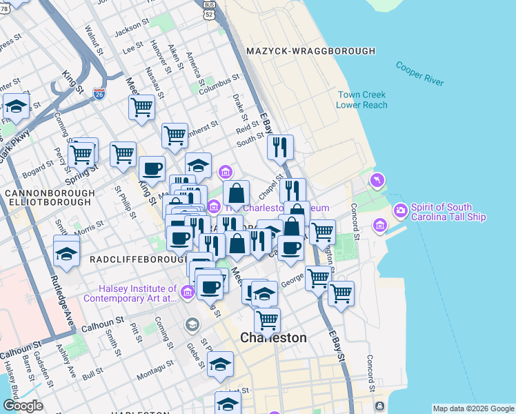 map of restaurants, bars, coffee shops, grocery stores, and more near in Charleston