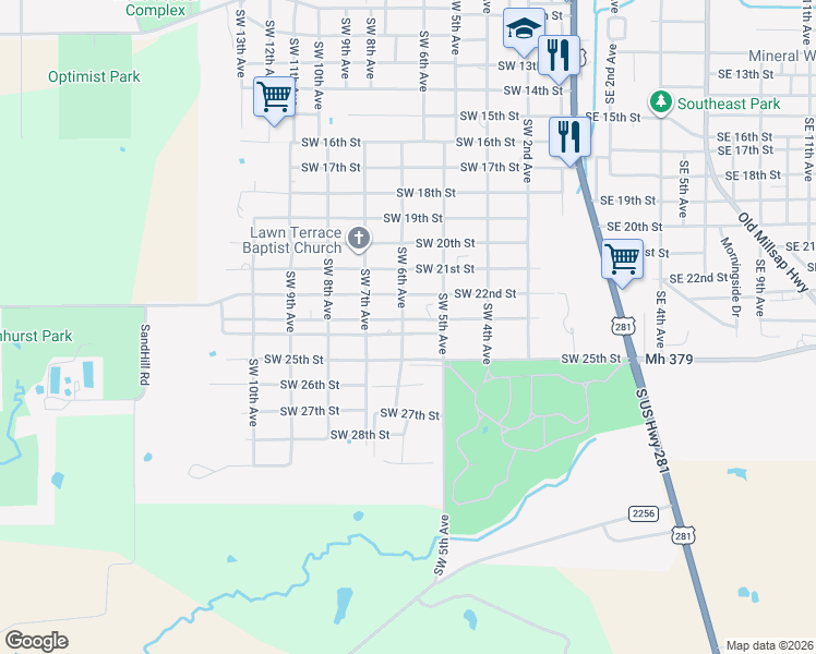 map of restaurants, bars, coffee shops, grocery stores, and more near 610 Southwest 24th Street in Mineral Wells