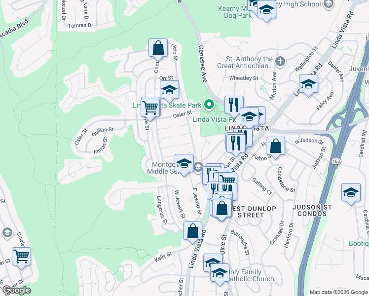 map of restaurants, bars, coffee shops, grocery stores, and more near 2562 Ulric Street in San Diego
