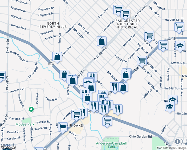 map of restaurants, bars, coffee shops, grocery stores, and more near 2524 Northwest 18th Street in Fort Worth