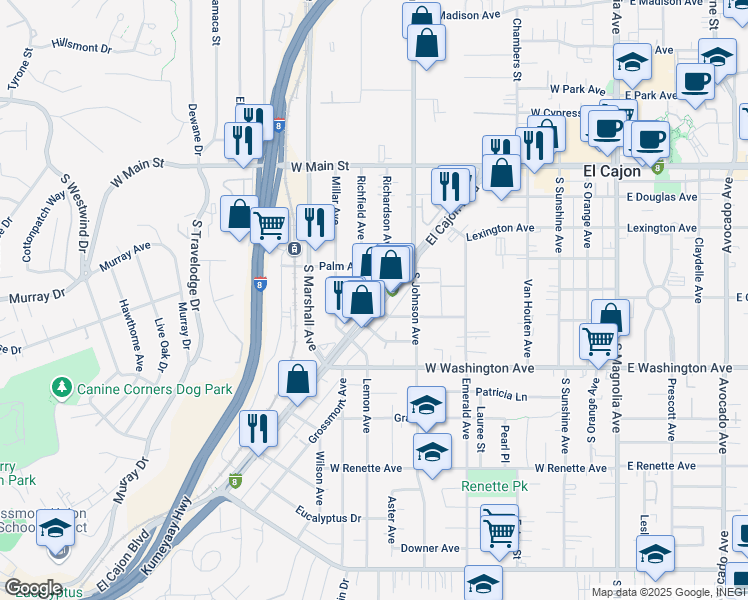 map of restaurants, bars, coffee shops, grocery stores, and more near 586 El Cajon Boulevard in El Cajon