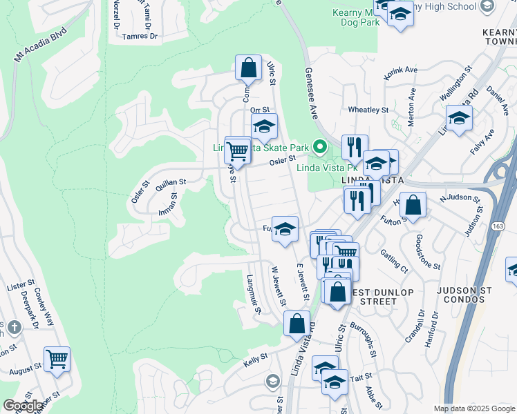 map of restaurants, bars, coffee shops, grocery stores, and more near Thomson Court in San Diego