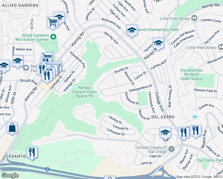 map of restaurants, bars, coffee shops, grocery stores, and more near 5763 Lance Street in San Diego