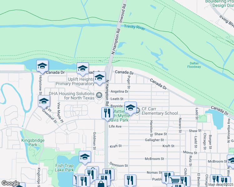 map of restaurants, bars, coffee shops, grocery stores, and more near 2038 Angelina Drive in Dallas