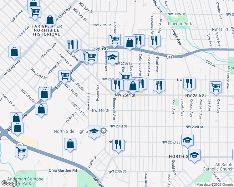 map of restaurants, bars, coffee shops, grocery stores, and more near 1620 Northwest 25th Street in Fort Worth