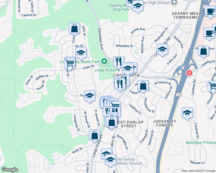 map of restaurants, bars, coffee shops, grocery stores, and more near 6950 Fulton Street in San Diego