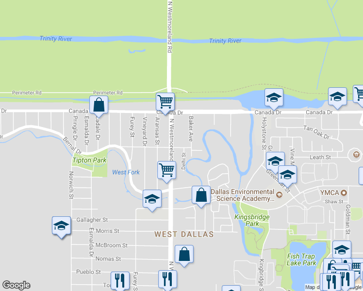 map of restaurants, bars, coffee shops, grocery stores, and more near 3200 Angelina Drive in Dallas