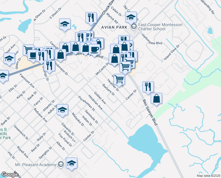 map of restaurants, bars, coffee shops, grocery stores, and more near 1445 Barbara Street in Mount Pleasant