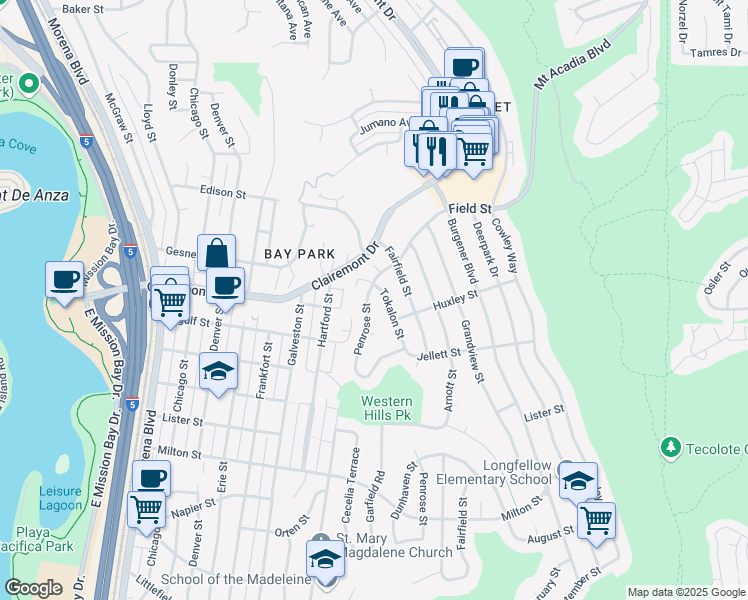 map of restaurants, bars, coffee shops, grocery stores, and more near 2763 Penrose Street in San Diego