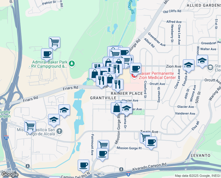 map of restaurants, bars, coffee shops, grocery stores, and more near 4420 Rainier Avenue in San Diego