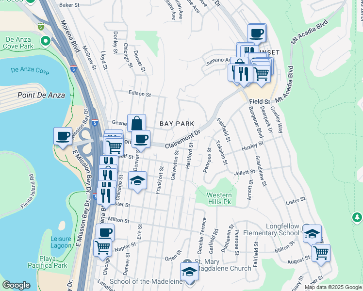 map of restaurants, bars, coffee shops, grocery stores, and more near 2701 Galveston Street in San Diego