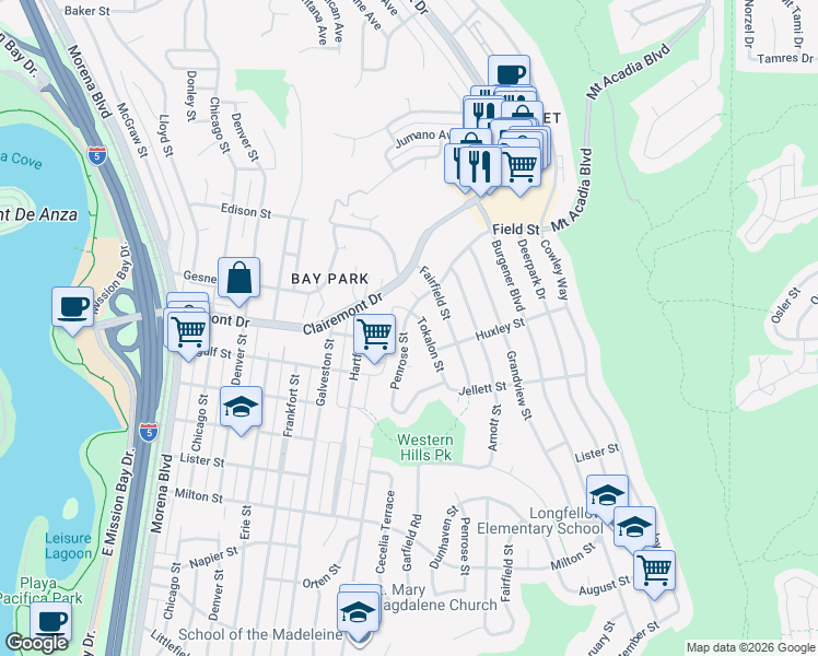 map of restaurants, bars, coffee shops, grocery stores, and more near 2763 Penrose Street in San Diego
