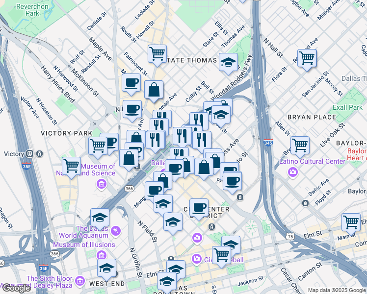 map of restaurants, bars, coffee shops, grocery stores, and more near 1900 North Pearl Street in Dallas