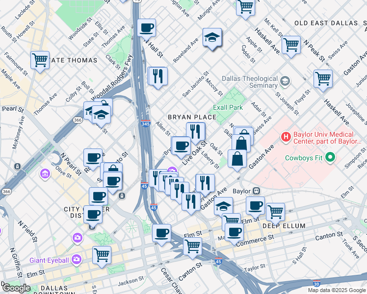 map of restaurants, bars, coffee shops, grocery stores, and more near 7 Texas Street in Dallas