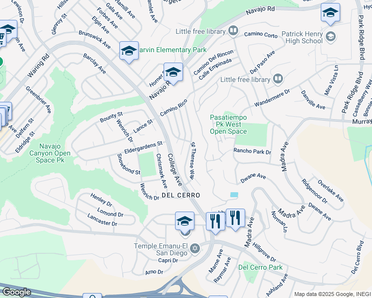 map of restaurants, bars, coffee shops, grocery stores, and more near 6150 Bernadette Lane in San Diego