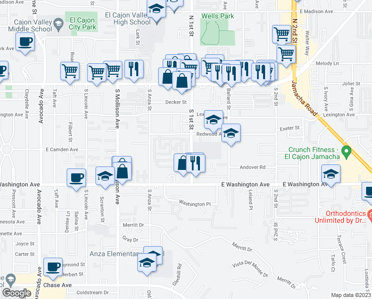 map of restaurants, bars, coffee shops, grocery stores, and more near South 1st Street in El Cajon