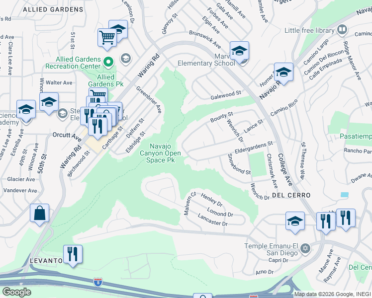 map of restaurants, bars, coffee shops, grocery stores, and more near 5701 Lance Street in San Diego