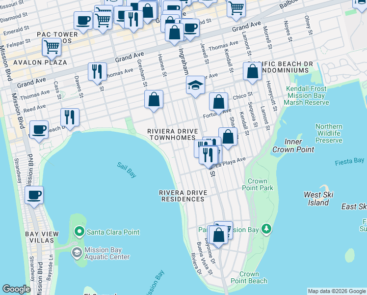map of restaurants, bars, coffee shops, grocery stores, and more near 3892 Roosevelt Avenue in San Diego