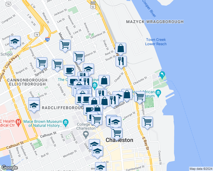 map of restaurants, bars, coffee shops, grocery stores, and more near 51 Chapel Street in Charleston