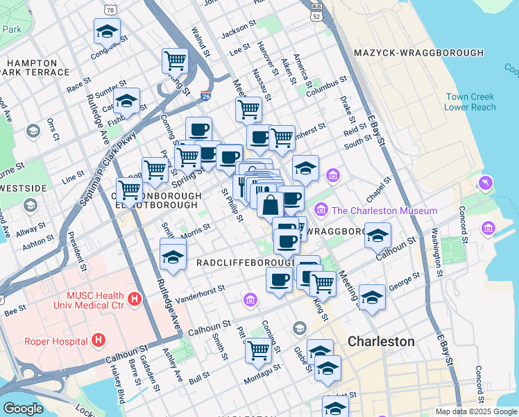 map of restaurants, bars, coffee shops, grocery stores, and more near 499 King Street in Charleston