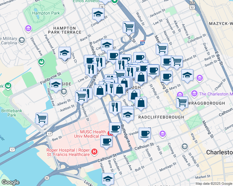 map of restaurants, bars, coffee shops, grocery stores, and more near 229 Rutledge Avenue in Charleston