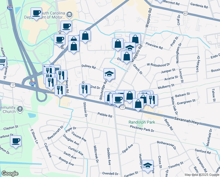 map of restaurants, bars, coffee shops, grocery stores, and more near 1804 2nd Drive in Charleston