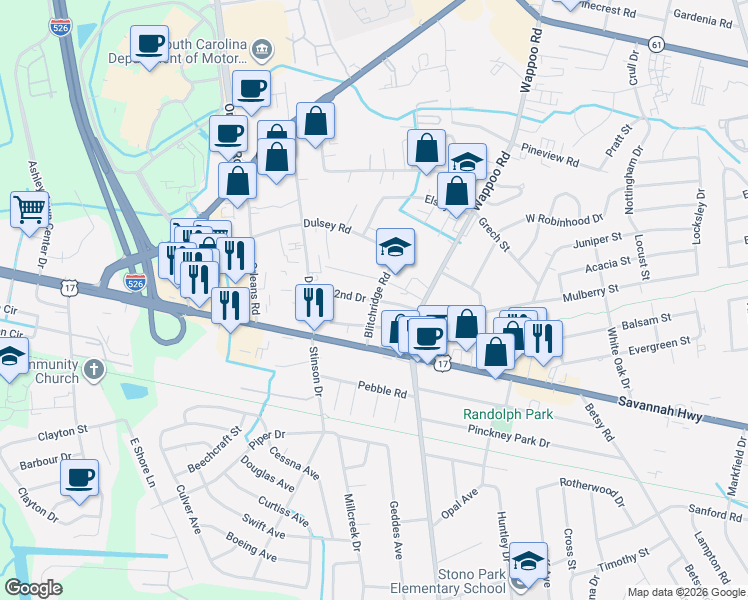 map of restaurants, bars, coffee shops, grocery stores, and more near in Charleston