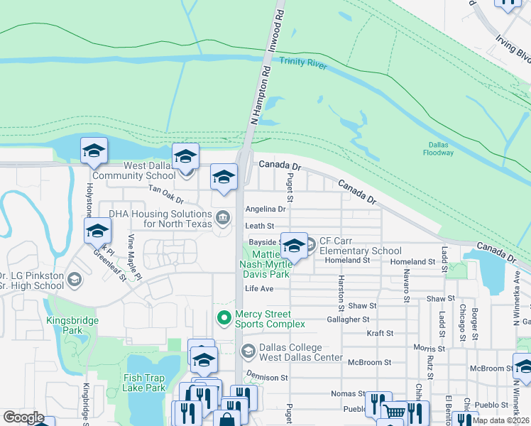 map of restaurants, bars, coffee shops, grocery stores, and more near 2038 Angelina Drive in Dallas