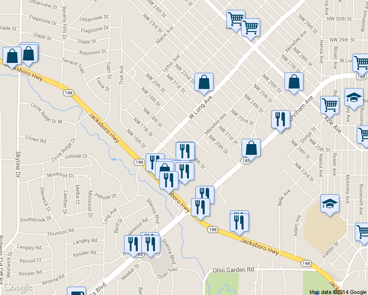 map of restaurants, bars, coffee shops, grocery stores, and more near 2608 Northwest 17th Street in Fort Worth
