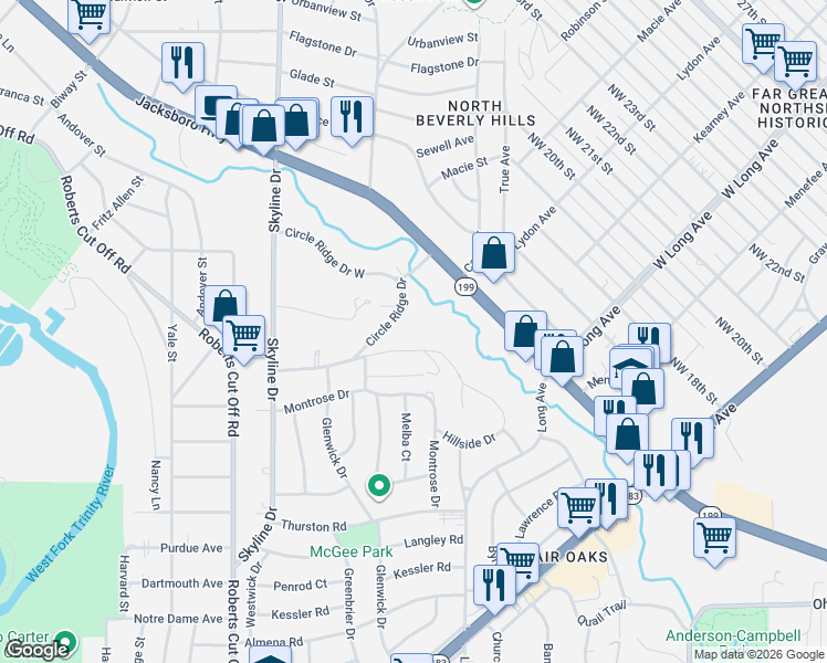 map of restaurants, bars, coffee shops, grocery stores, and more near 4917 Circle Ridge Drive in Fort Worth