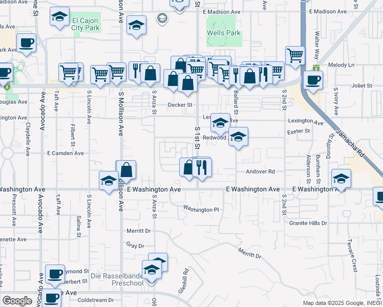 map of restaurants, bars, coffee shops, grocery stores, and more near South 1st Street in El Cajon