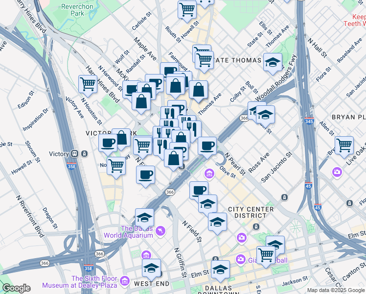 map of restaurants, bars, coffee shops, grocery stores, and more near 1919 McKinney Avenue in Dallas
