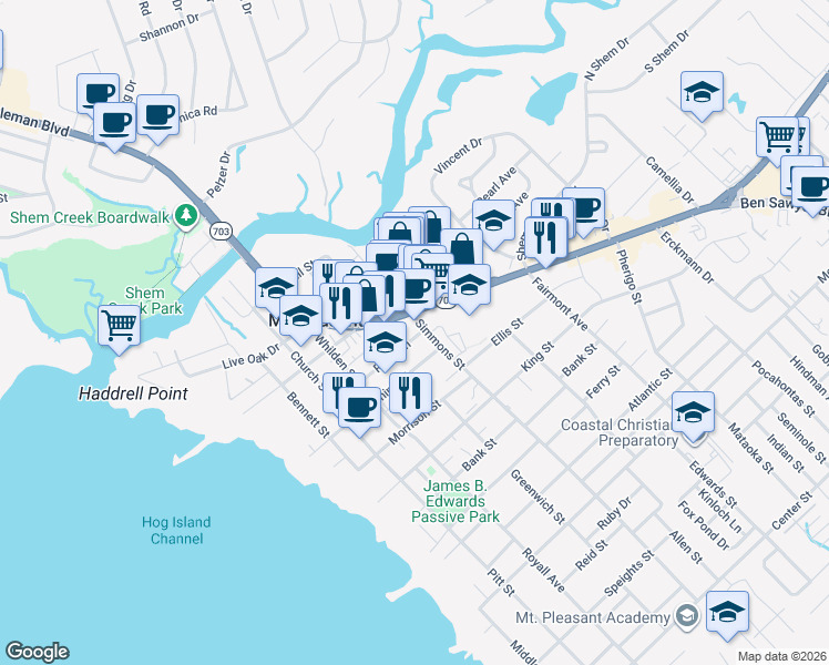 map of restaurants, bars, coffee shops, grocery stores, and more near 425 Simmons Street in Mount Pleasant