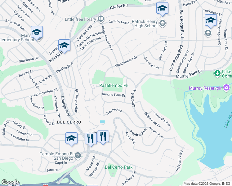 map of restaurants, bars, coffee shops, grocery stores, and more near 6436 Rancho Park Drive in San Diego