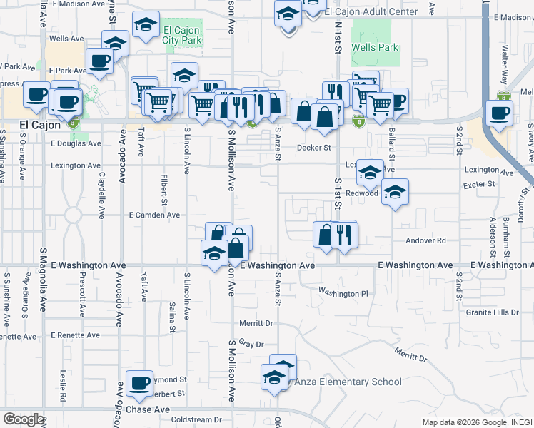 map of restaurants, bars, coffee shops, grocery stores, and more near 588 South Anza Street in El Cajon