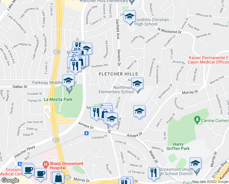 map of restaurants, bars, coffee shops, grocery stores, and more near 6130 Horton Drive in La Mesa