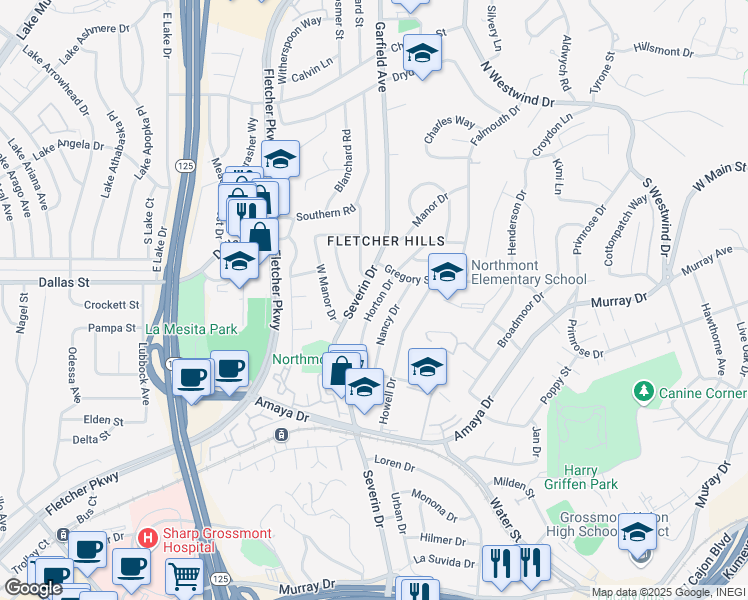map of restaurants, bars, coffee shops, grocery stores, and more near 6132 Horton Drive in La Mesa