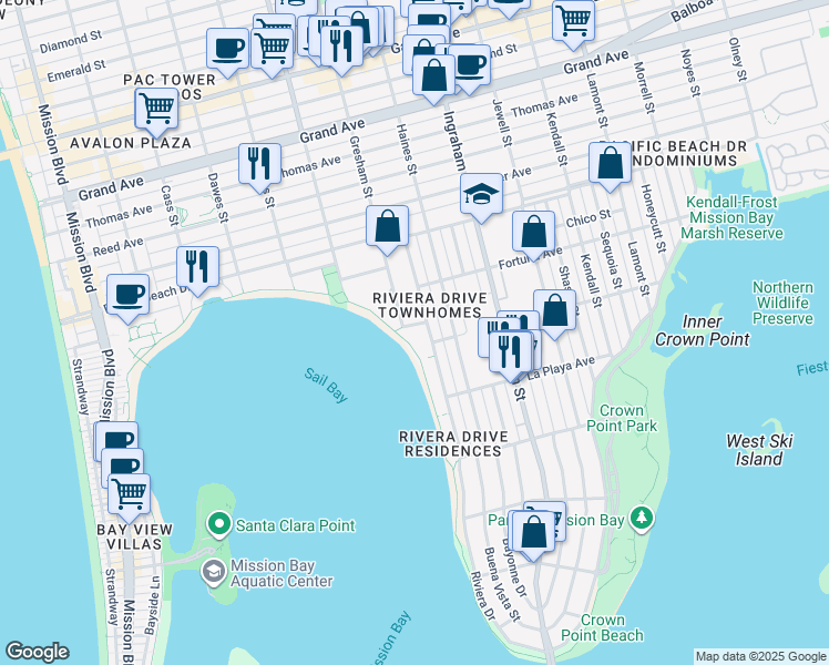 map of restaurants, bars, coffee shops, grocery stores, and more near 3920 Riviera Drive in San Diego