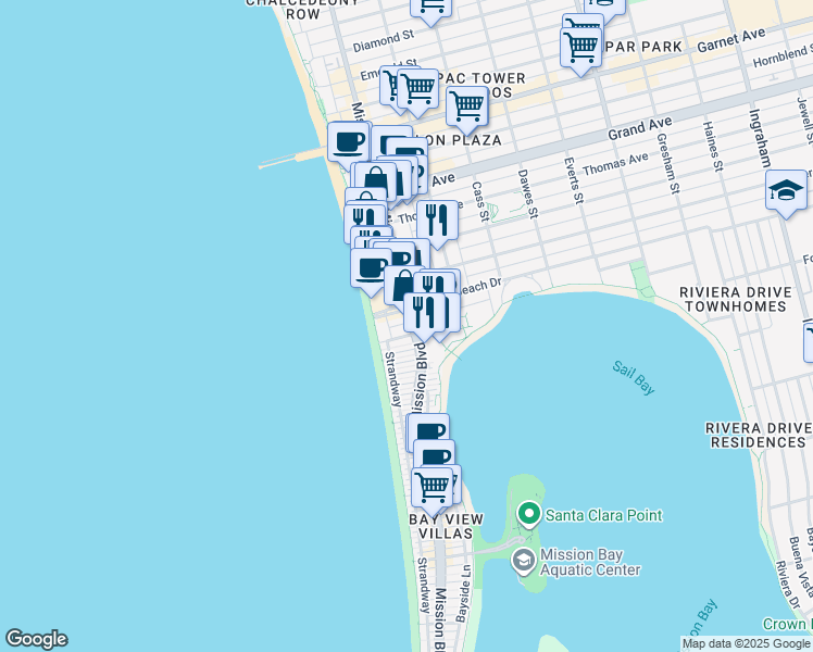 map of restaurants, bars, coffee shops, grocery stores, and more near 4018 Mission Boulevard in San Diego