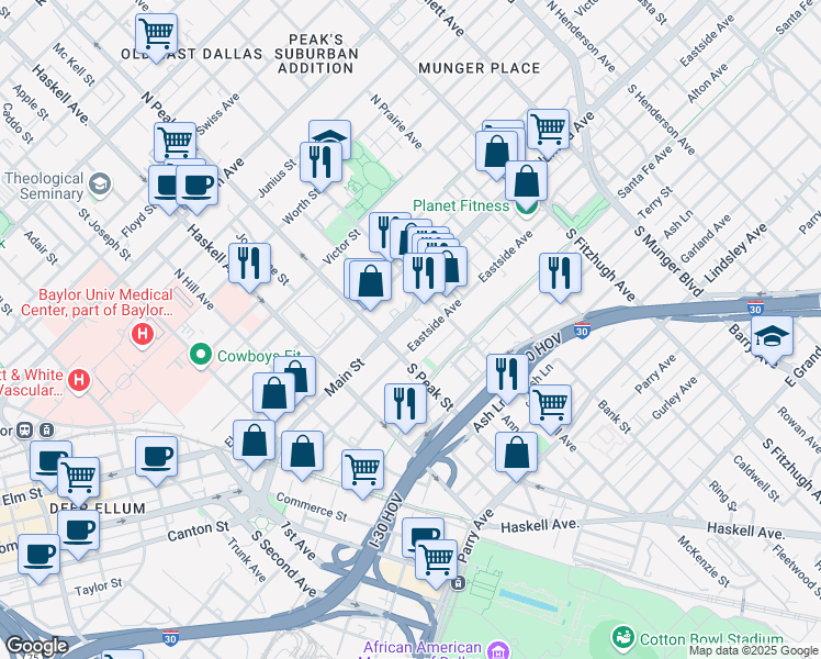 map of restaurants, bars, coffee shops, grocery stores, and more near 4311 Eastside Avenue in Dallas