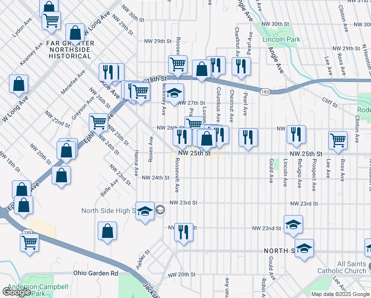 map of restaurants, bars, coffee shops, grocery stores, and more near 1620 Northwest 25th Street in Fort Worth