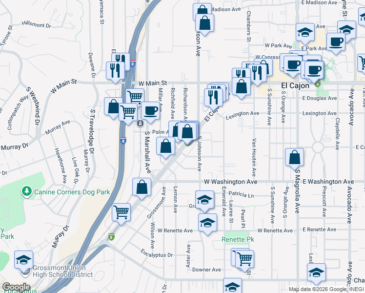 map of restaurants, bars, coffee shops, grocery stores, and more near 586 El Cajon Boulevard in El Cajon