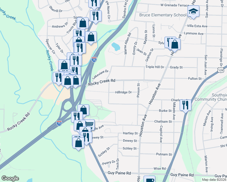 map of restaurants, bars, coffee shops, grocery stores, and more near 1288 Hillridge Drive in Macon