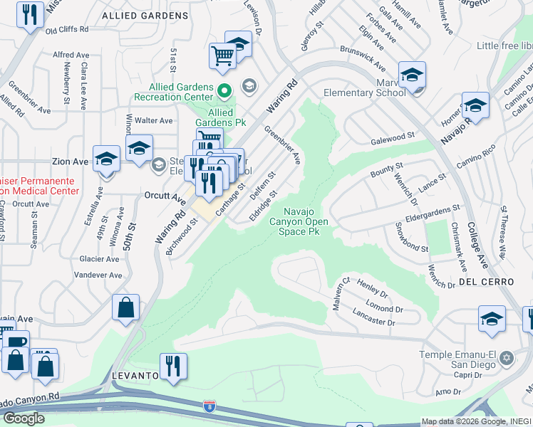 map of restaurants, bars, coffee shops, grocery stores, and more near 6591 Eldridge Street in San Diego